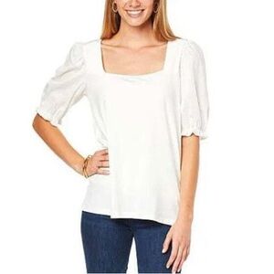 Shavonne Dorsey White Square Neck Mixed Media Puff Short Sleeve Tee Large NWT